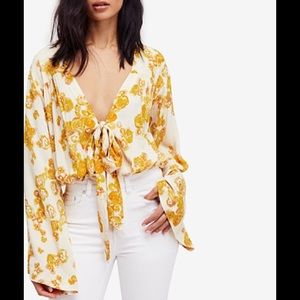 FREE PEOPLE INTIMATELY forties feels bodysuit floral Bell Sleeve Low Cut Blouse